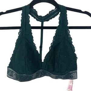 PINK VICTORIA'S SECRET Green Lace Spell Out BRALETTE Halter Wireless Bra sz M